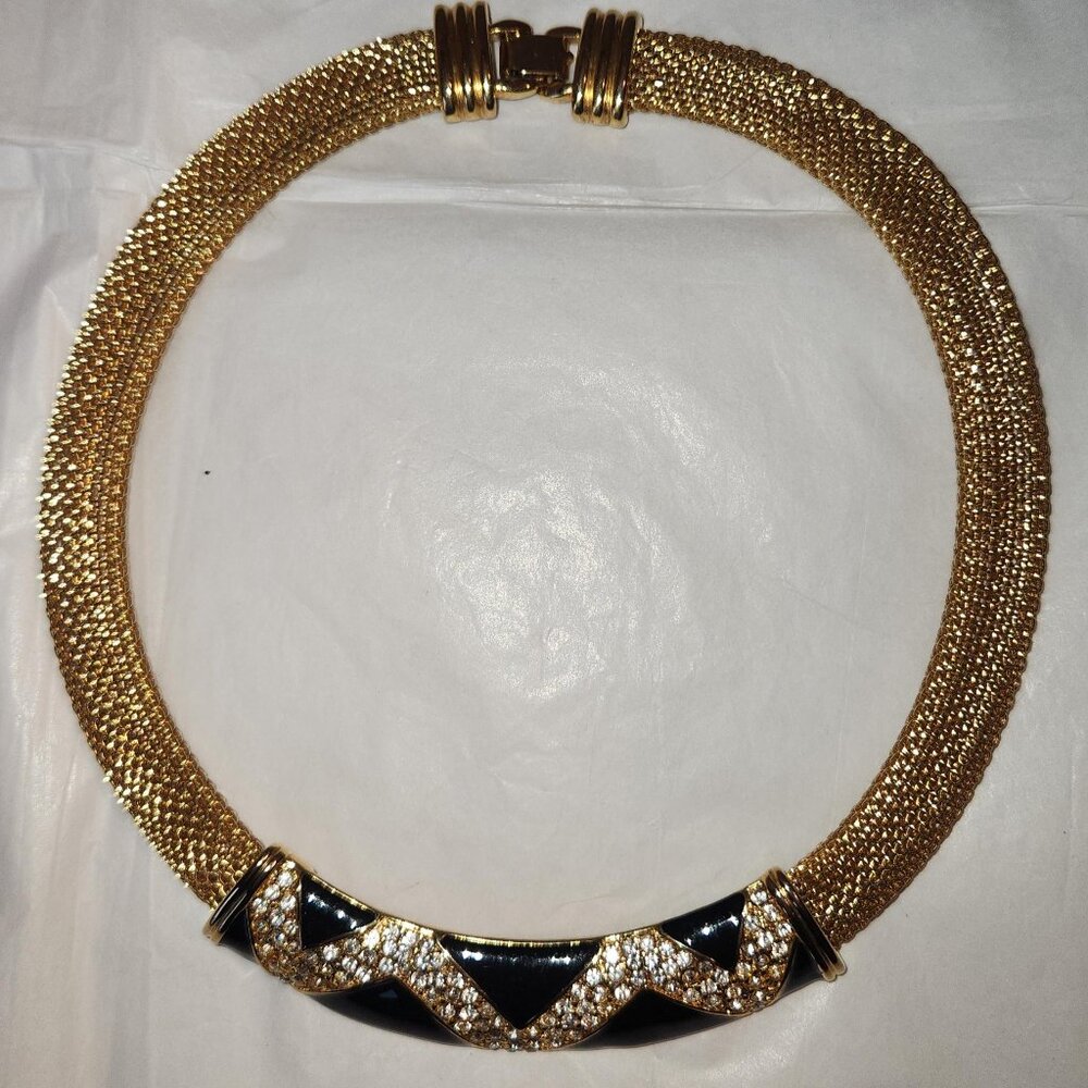 Vintage Monet Gold Mesh Collar necklace. 1980's. Black enamel and crystal mesh c